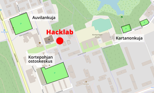 Kartta Kortepohjan ostoskeskuksen, Auvilankujan ja Kartanonkujan pysäköintipaikoista